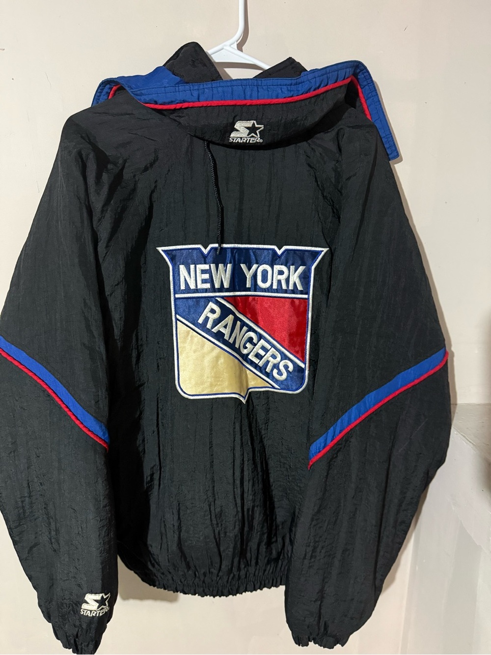Black Bomber Jacket with Blue & Red Trim - New York Rangers Style - Picture 15 of 16